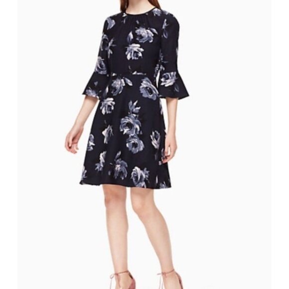 KATE SPADE Night Rose Crepe Dress Size 6 Floral Navy Date Night Office Designer - Picture 1 of 13